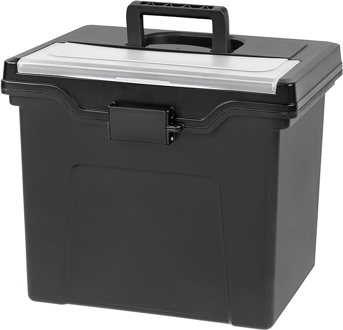 IRIS USA File Box with Lid Portable File Organizer Plastic File Box for Letter File w/ Organizer-Lid, BPA-Free Plastic Storage Organizer with Secure Buckle and Handle, Black