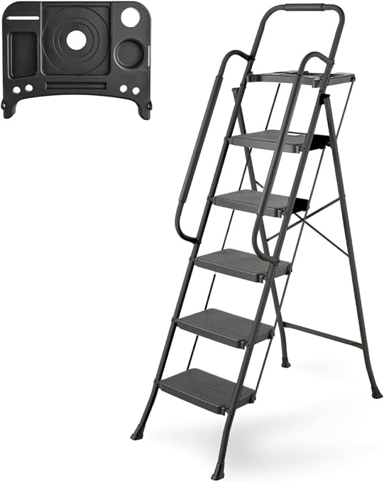 PMEIXU 5 Step Ladder with Handrails, 330LBS Capacity, Folding Step Stool with Tool Platform, Anti-Slip Wide Pedal, Sturdy Steel Ladder for Adults for Home Kitchen Library Office, Black