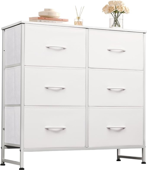 WLIVE Fabric Dresser for Bedroom, 6 Drawer Double Dresser, Storage Tower with Fabric Bins, Chest of Drawers for Closet, Living Room, Hallway, White