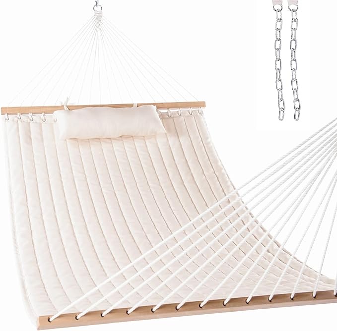 Lazy Daze 13 FT Double Quilted Fabric Hammock with Spreader Bars and Detachable Pillow, 2 Person Hammock for Outdoor Patio Backyard Poolside, 450 LBS Weight Capacity, Dark Cream