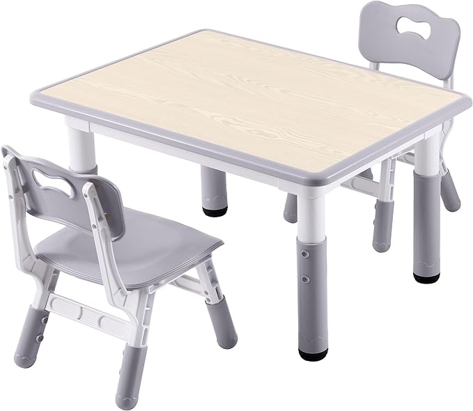 Kids Study Table and Chairs Set, Height Adjustable Toddler Table and Chair Set for Kids Ages 3-8, 31.5" L x 23.6" W Graffiti Desktop Plastic Children Art Table with 2 Seats, Grey