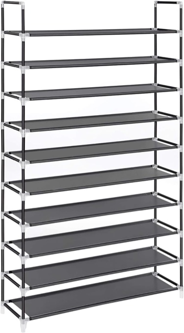 SONGMICS 10-Tier Shoe Rack, Shoe Storage for Hallway Closet, Slim and Space-Saving, Metal Frame, Non-Woven Fabric Shelves, Black ULSH11H