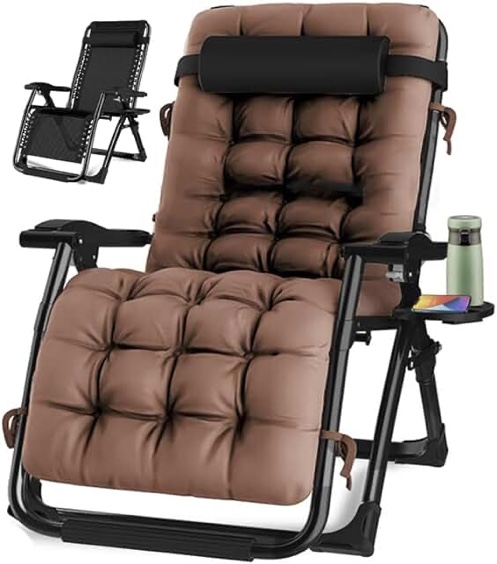 Oversized Zero Gravity Chair, Lawn Recliner, Reclining Patio Lounger Chair, Folding Portable Chaise, with Detachable Soft Cushion, Cup Holder, Adjustable Headrest, Support 500 lbs. (29" Wide)