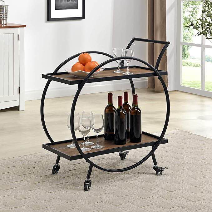 FirsTime & Co. Black and Brown Odessa Bar Cart, 2 Tier Mobile Mini Bar, Kitchen Serving Cart and Coffee Station with Storage for Liquor, Metal and Wood, Modern, 28 inches Black & Brown