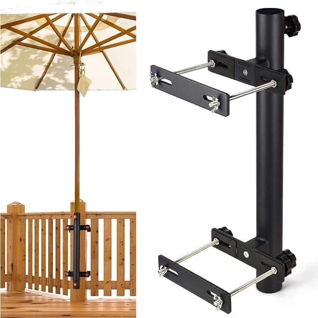 Patio Umbrella Holder, Heavy-Duty Umbrella Holder for Deck, Metal Deck Mount Umbrella Stand - Sturdy Base for Railing-Mounted Deck Clamps with Pole Maximizing Patio Balcony Space and Shade.
