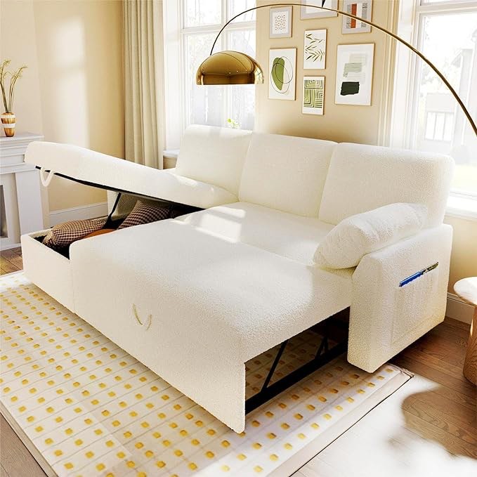 VanAcc Sleeper Sofa, Sofa Bed- 2 in 1 Pull Out Couch Bed with Storage Chaise for Living Room, Sofa Sleeper with Pull Out Bed, White Boucle Couch/ incomplete box 2/2