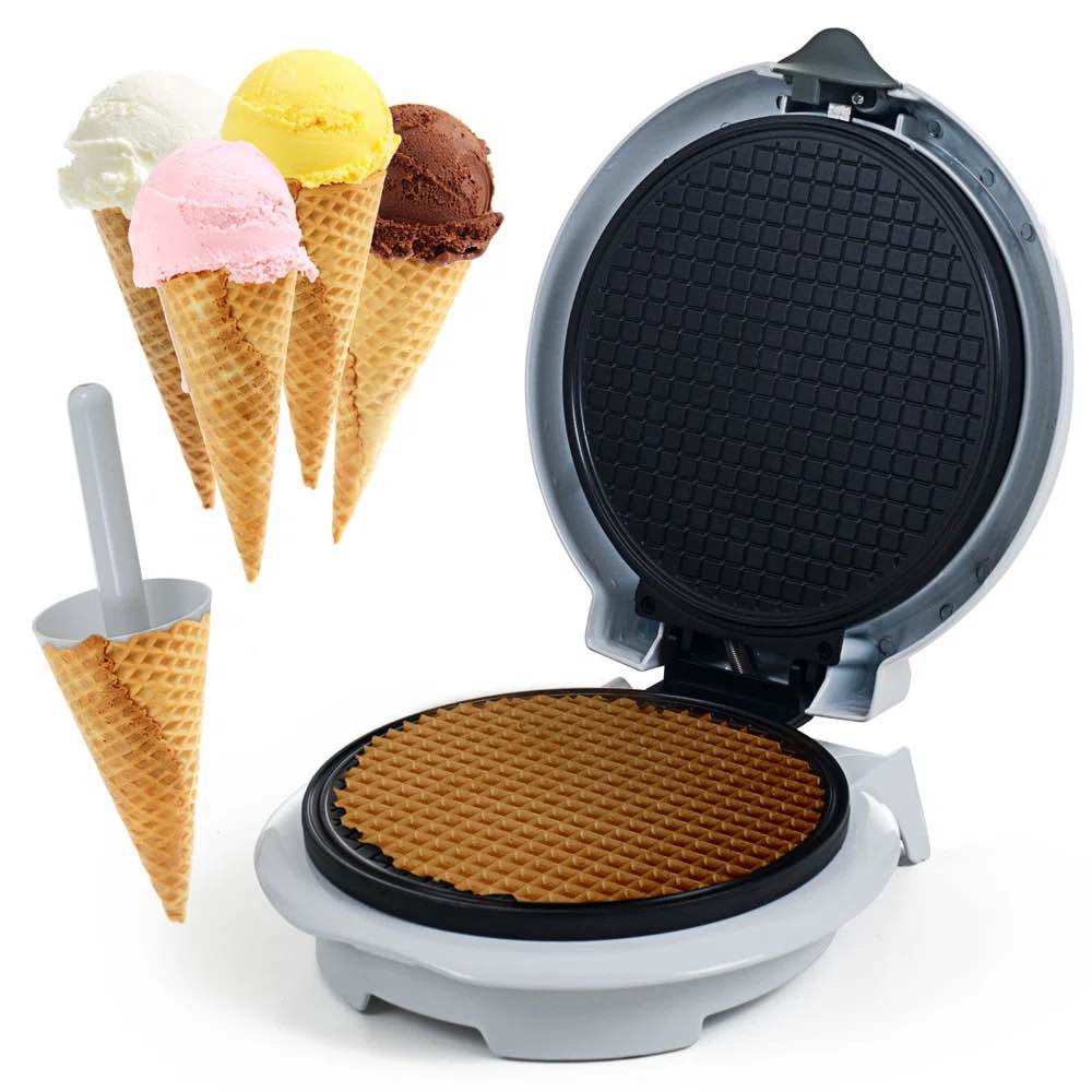Chef Buddy Nonstick Waffle Cone Maker in White - Electric Waffle Iron with Shaper Cone Included