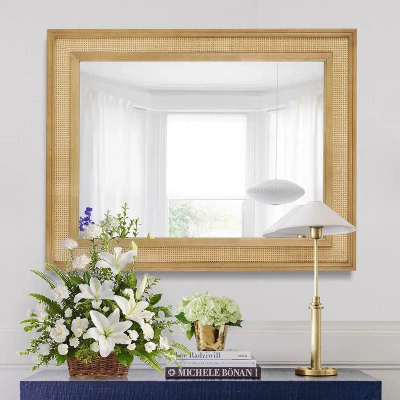 Rexford Natural Wood Rattan Mirror Farmhouse Wall Decoration