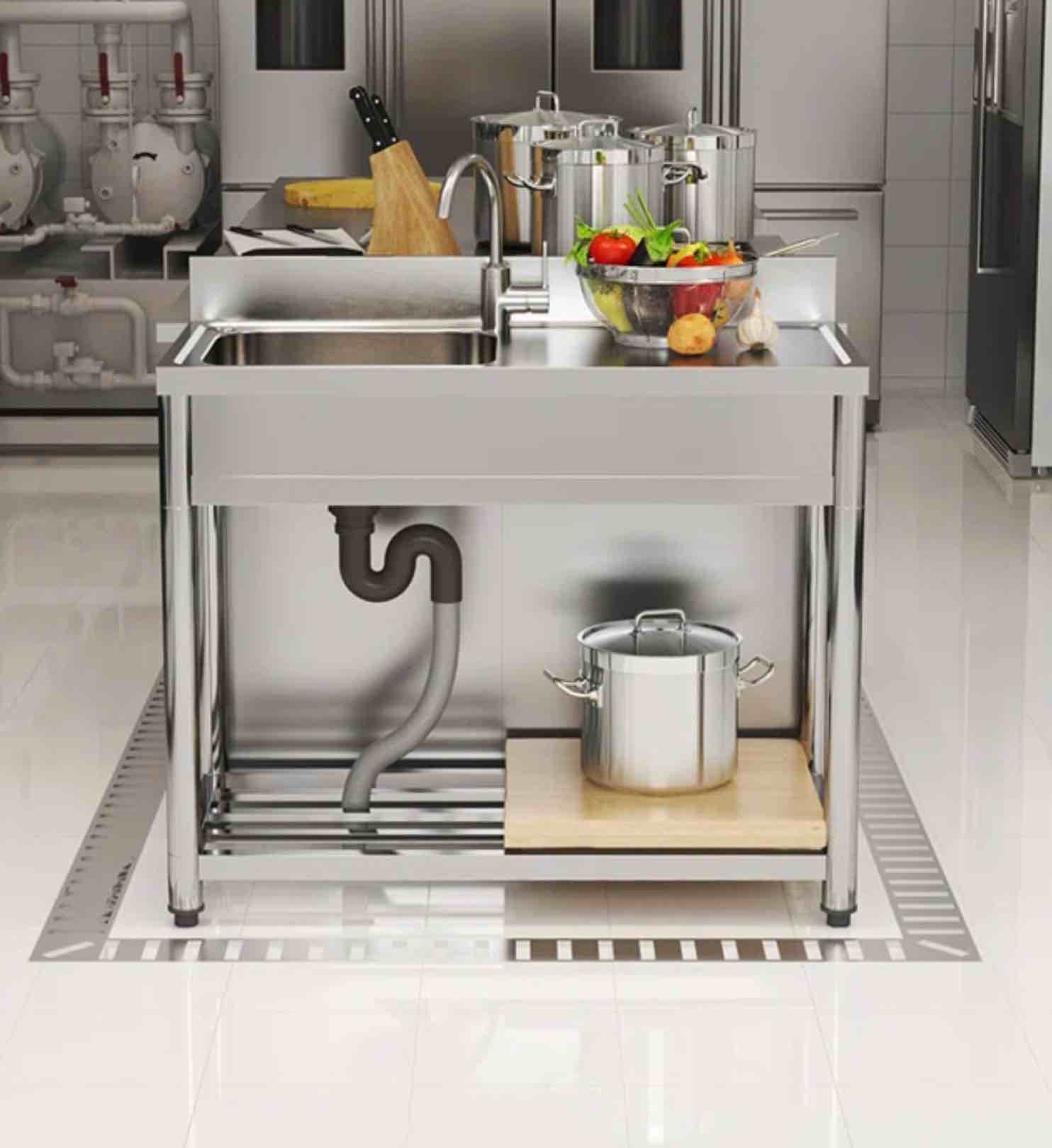 Stainless Steel Sink Free Standing Single Bowl Sink with Workbench Storage Rack, Garage Kitchen