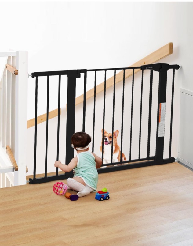 COMOMY 29.5-43.3" Extra Wide Baby Gate for Stairs Doorways, Auto Close Dog Gate for House, Pressure Mounted Easy Walk Through Pet Gate with Door, Durable Safety Child Gate Indoor(30" Tall, Black)
