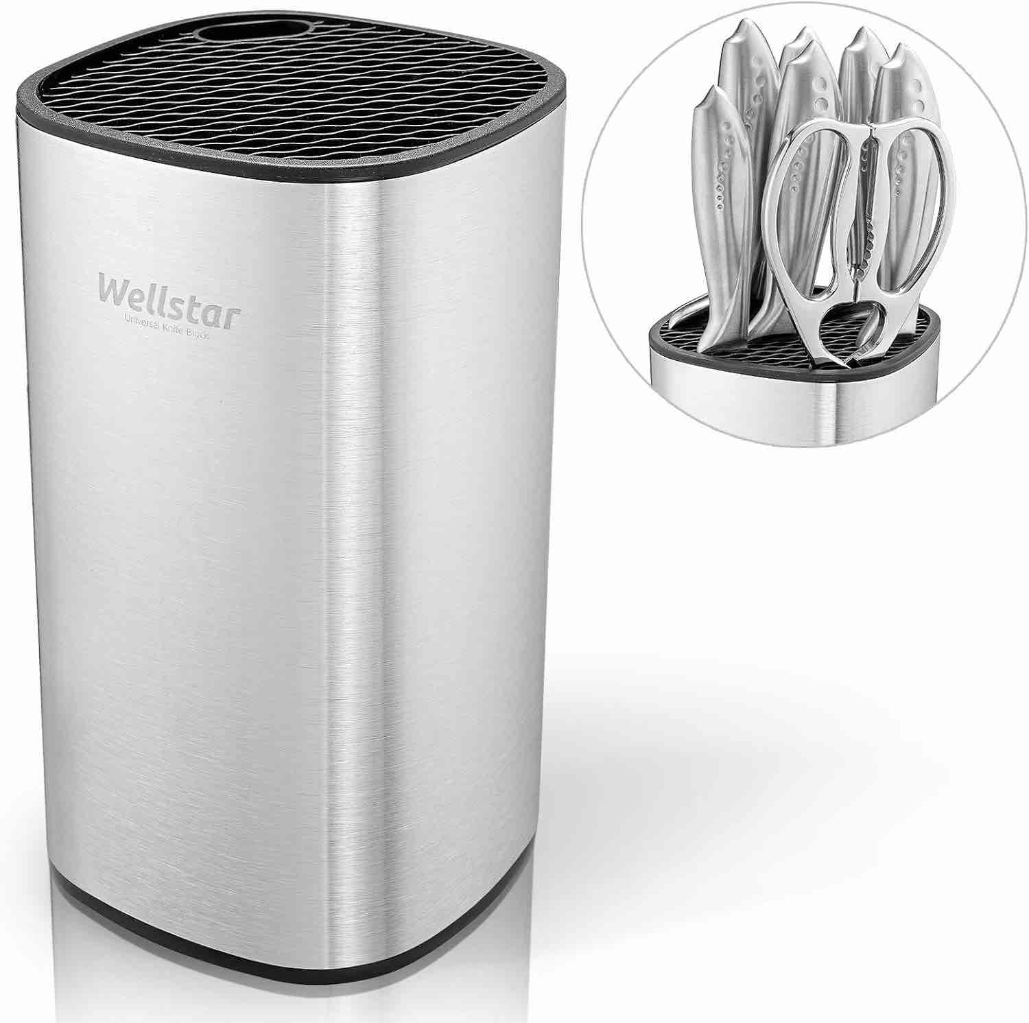 WELLSTAR Universal Knife Block Holder, Stable Stainless Steel Knife Stand Without Knives, Safe Space Saver Large Volume With Scissors Slot, Detachable