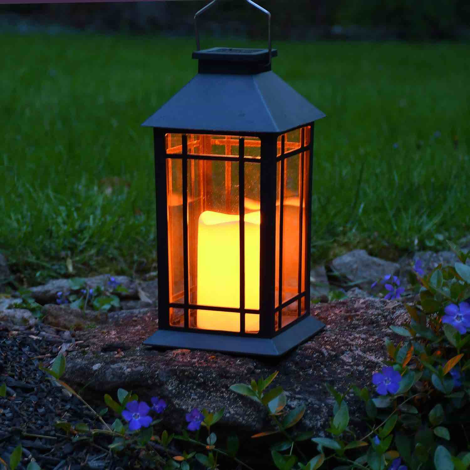 Traditional Black Solar Powered Lantern with LED Candle