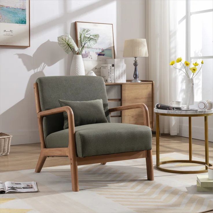 Hertford Upholstered Linen Blend Accent Chair with Wooden Legs and One Pillow