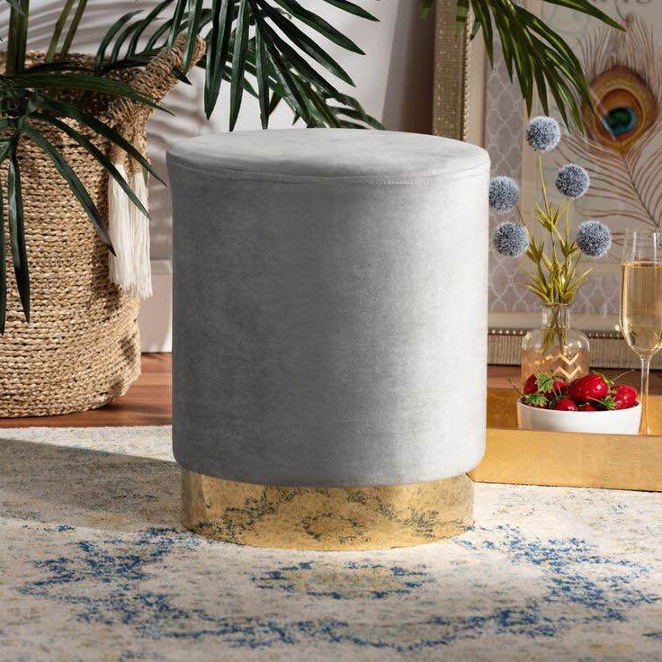 Eudosia Contemporary Glam And Luxe Sky Blue Velvet Fabric Upholstered And Gold Finished Metal Ottoman