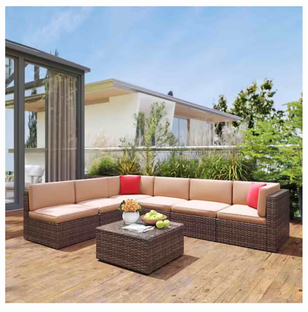 7-Piece Brown Wicker Outdoor Patio Conversation Set with Beige Cushions and Coffee Table( incomplete only 1 piece)