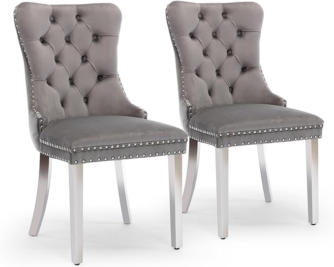 Velvet Dining Chair Set of 2, Upholstered Tufted Dining Room Chair with Nailhead Trim and Stainless Steel Silver Plated Leg for Kitchen, Grey