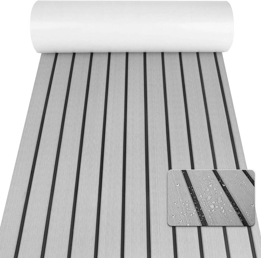 BETOVV 3M Self-Adhesive EVA Foam Boat Flooring 96''x26 36 48''Faux Teak Marine Boat Decking Sheet Non-Slip Mat for Motor Boats Non-Slip Self-Adhesive Flooring Grey with Black Seam Lines 96"x26"