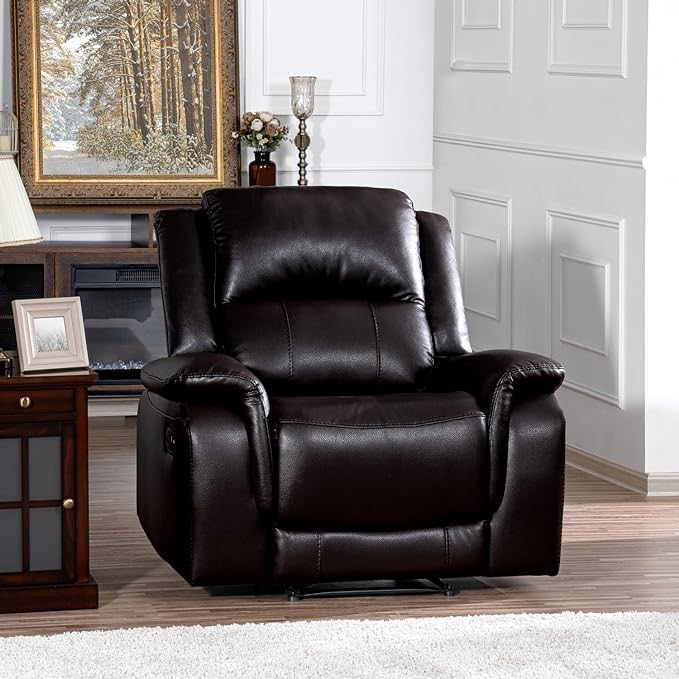 PrimeZone Oversized Rocker Recliner Chair - Comfy Wide Lazy Boy Recliner Chair with Overstuffed Armrest, Faux Leather Manual Reclining Chair for Living Room, Bedroom, Home Theater Seating, Black