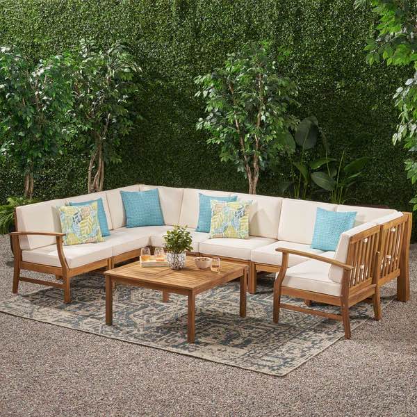 Outdoor 8 Seat Teak Finished Acacia Wood Sectional Sofa And Table Set (incomplete armless chair only)