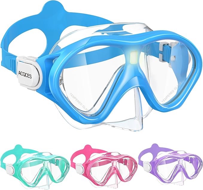 Kids Swimming Goggles Snorkel Diving Mask for Boys Girls Ages 5-15, Luminous Anti-Fog Swim Goggles with Nose Cover(pink and blue color only)