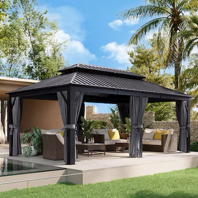 AOXUN 20-ft x 12-ft Gazebo Rectangle Gray Metal Steel Roof Gazebo with Screen Included(incomplete box 1/5)