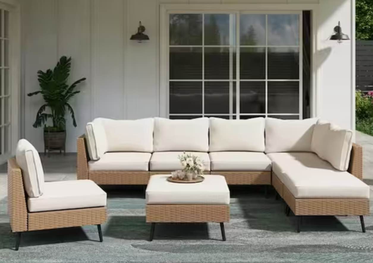 New LAUSAINT HOME 8-Piece Tan Wicker Outdoor Sectional Set with Beige Cushions(incomplete armless chair and ottoman only)