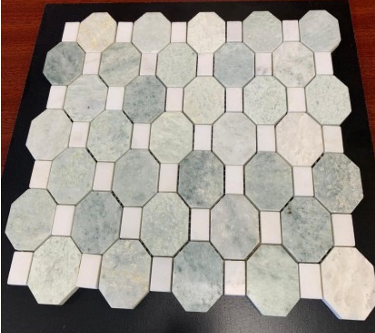 product 2x2 Ming Green elongated Octagon Polished Marble Mosaic Tile with White Marble Dot