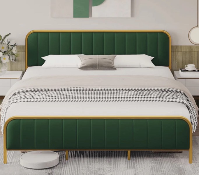 GARVEE Full Size Velvet Upholstered Bed Frame with Headboard, Gold Frame, Wooden Slats, No Box Spring Needed, Green and Gold, Modern Design, Underneath Storage, Easy Assembly