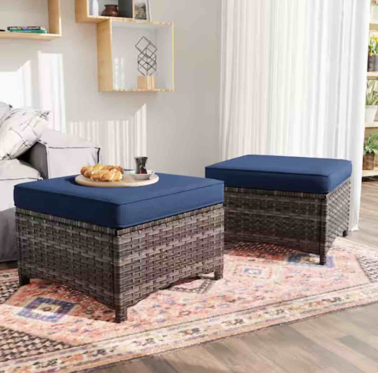 Wicker Outdoor Patio Ottoman with Blue Cushions (Set of 2)