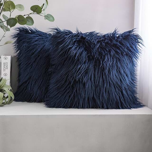 blue fuzzy pillow cover