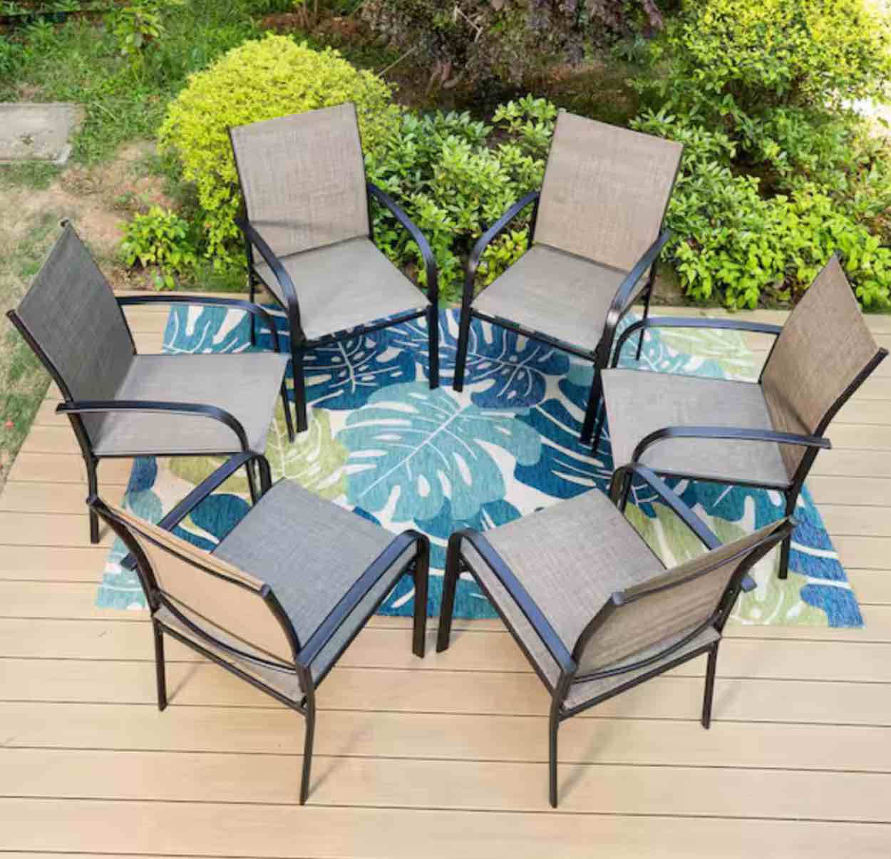 Black Ergonomic Brown Textilene Metal Outdoor Dining Chair with Wave Arms (6-Pack)