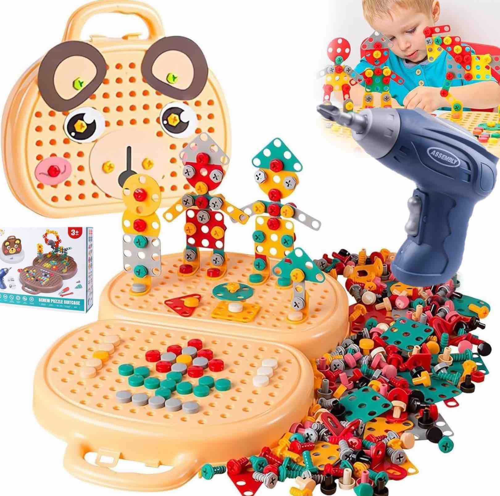 Magic Montessori Play Toolbox Bear with Drill 203Pcs Montessori Toys for 3+ Year Old Kids Drill and Screw Set 2D/3D Creativity Tool Box Gift for Boys and Girls Light Brown