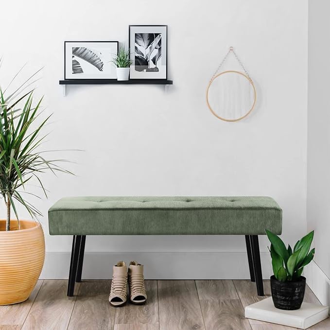Comfy to go Entryway Bench - Green Bench for Bedroom, Modern Ottoman End of Bed, Corduroy Padded Benches for Living Room, Foyer, Mudroom, Hallway - 39" L x 14" W x 17" H (Green)