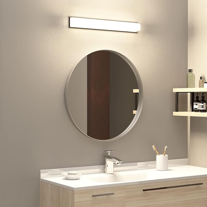 KAASUNES 30-Inch Circle Mirro Brushed Nickel Silver Wall Mounted Round Mirror, Glass Panel Circle Deep Set Design Stainless Steel Framed Mirror for Bathroom Vanity, Entryways, Living Rooms