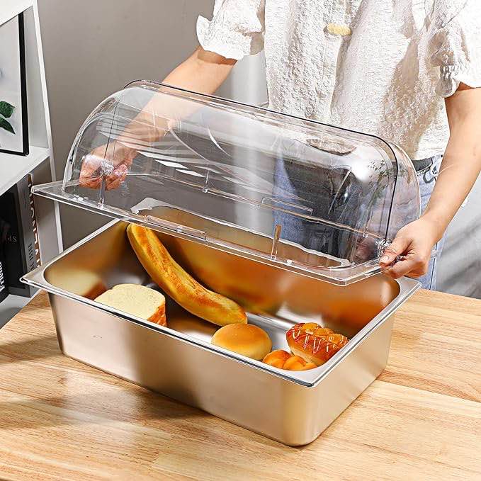 Ziliny 6 Packs Clear Chafing Dish Cover Half Size Roll Top Bakery Pan Display Cover Clear Plastic Chafing Dessert Cake Cover Food Display Cover for Cake Cupcake Exhibition (13 x 10.6 x 6 Inch)