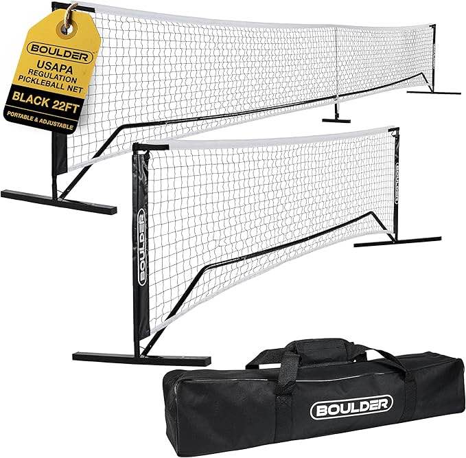 Boulder Badminton Pickleball Net - Adjustable Portable Net for Junior Tennis, Kids Volleyball & Soccer, and Backyard Games - Easy Setup Nylon Sports Net with Poles 10 ft/14ft/17ft/22ft Wide 14ft Blue