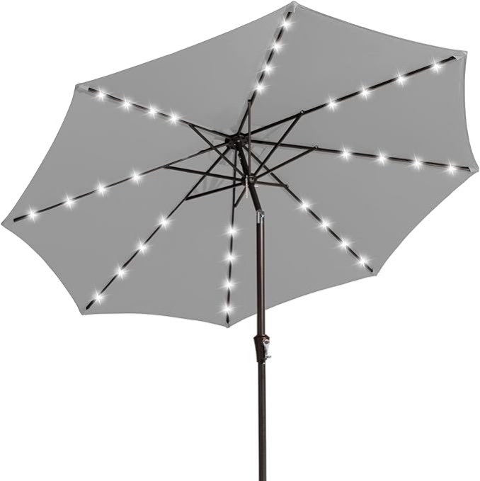 JEAREY 9FT LED Lighted Patio Umbrella, Solar Outdoor Umbrella, Tilt Table Umbrella for Pool, Deck & Yard(Light Grey)