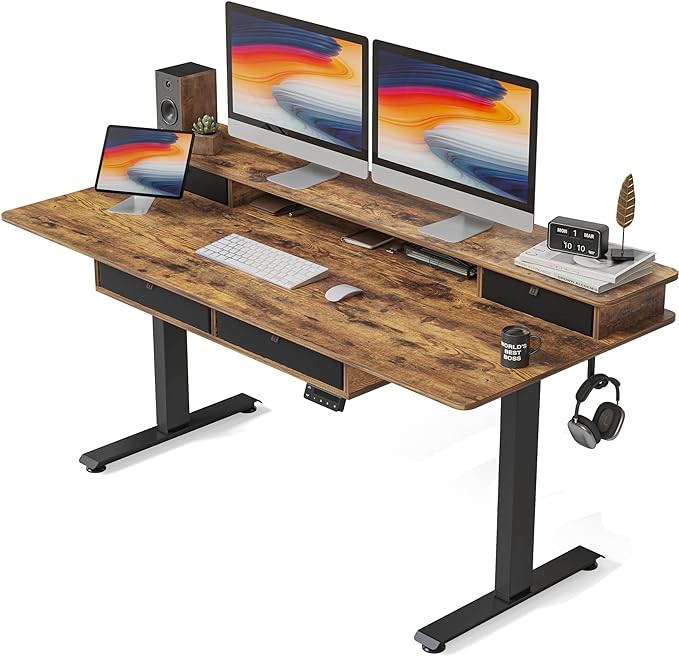 FEZIBO Height Adjustable Electric Standing Desk with 4 Drawers, 55 x 24 Inch Table with Storage Shelf, Sit Stand Desk with Splice Board, Black Frame/Rustic Brown Top, 55 inch
