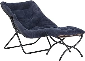 Givjoy Saucer Chair Set, Soft Faux Fur Oversized Folding Accent Chair, Soft Furry Lounge Lazy Chair, Metal Frame Moon Chair for Bedroom, Living Room