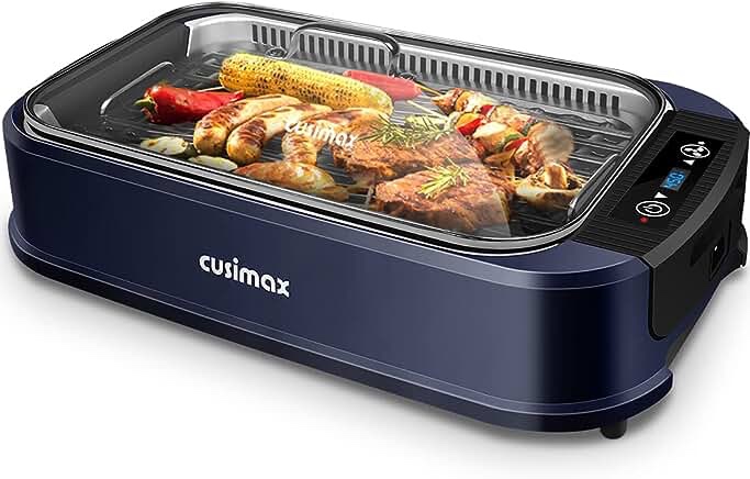 Indoor Grill Electric Grill CUSIMAX Smokeless Grill Portable Korean BBQ Grill with Turbo Smoke Extractor Technology, Non-stick Removable Grill Plate, Tempered Glass Lid, Great for Party(Single Plate)