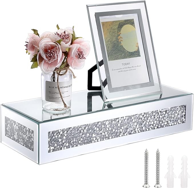Sumnacon Mirrored Glass Floating Shelf, Decorative Crushed Diamond Wall Shelf,Rectangle Crystal Wall Shelf for Bedroom,Bathroom, Kitchen,Living Room