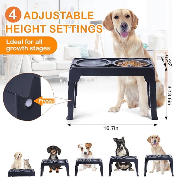 Jovrun Elevated Dog Bowls, Dog Feeder with 2 Stainless Steel Bowls &1 Slow Feeder Dog Bowls, 5 Heights Adjustable Raised Dog Bowls Stand for Small Medium Large Dogs, Dog Food Bowls with Non-Slip Feet