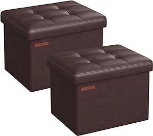 SONGMICS Small Folding Storage Ottoman, Set of 2, Foot Rest Stool, Cube Footrest, Synthetic Leather, 12.2 x 16.1 x 12.2 Inches, 286 lb Capacity, Living Room, Bedroom, Dorm, Chestnut Brown ULSF100K22