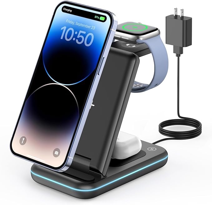 3 in 1 Charging Station for iPhone, Wireless Charger for iPhone 14 13 12 11 X Pro Max & Apple Watch - Charging Stand Dock for AirPods