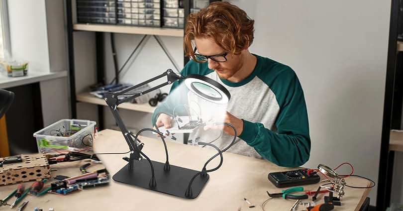 5X Hands Free Magnifying Glass with Light 43 Ultra-Bright LEDs, Large Page Magnifier for Reading, Flexible Gooseneck Magnifier for Neck Wear Repair Sewing Low Vision Elderly