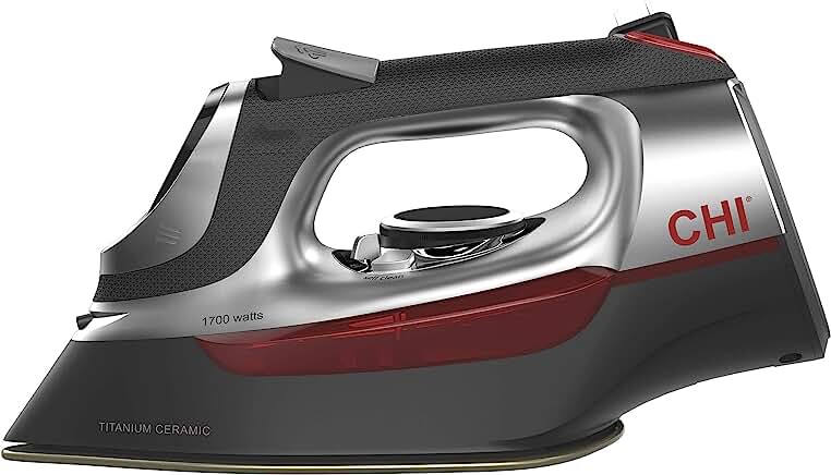 CHI Steam Iron for Clothes with Titanium Infused Ceramic Soleplate, 1700 Watts, Retractable Cord, 3-Way Auto Shutoff, 400+ Holes, Professional Grade, Silver (13106) Dial Temperature Control - Silver