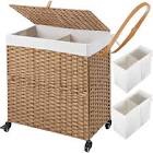 Greenstell Laundry Hamper with 2 Removable Liner Bags, Divided Clothes Hamper, 110L Handwoven Synthetic Rattan Laundry Basket with Lid and Handles, Foldable & Easy to Install Natural (22x12x24 Inches)