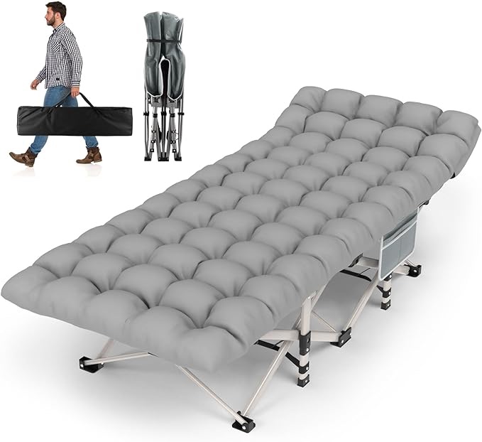 ZENPETIO Camping Cot, Folding Camping Cots with Mattress for Adults, Portable Camping Sleeping Bed with Carring Bag for Outdoor, Travel, Home, Office, Vacation(Max Loading 500lbs) Gray Cot + Black Pad