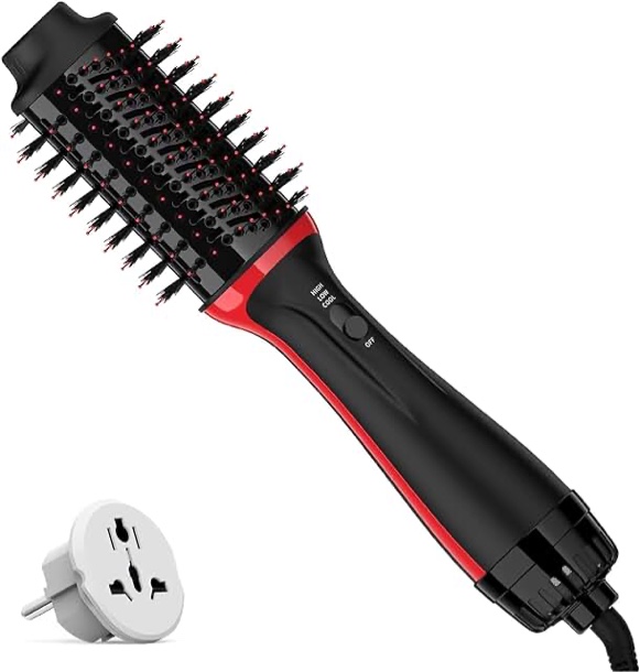 plus 2.0 dual voltage hair dryer brush with european plug, 110v-120v/220v-240v blow dryer brush for european travel hot air brush and styler volumizer with negative ion anti-frizz ceramic titaniu