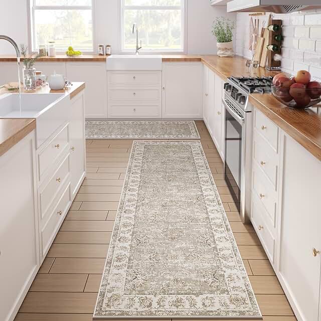 jinchan Runner Rug 2x10 Hallway Vintage Rug Kitchen Washable Runner Rug Floral Print Floor Cover Indoor Thin Rug Retro Mat Accent Rug Bathroom Laundry Room Bedroom Stairway Farmhouse Taupe